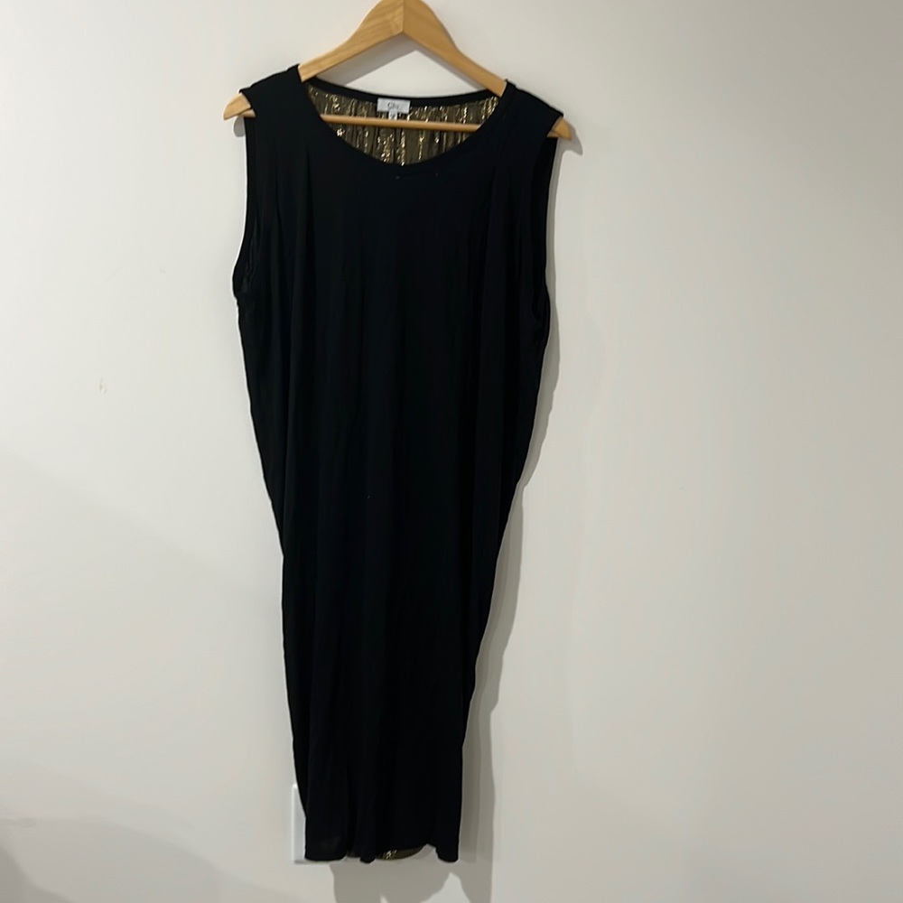 • Clu • Knee Length Black Gold Dress Tie Back Medium Womens